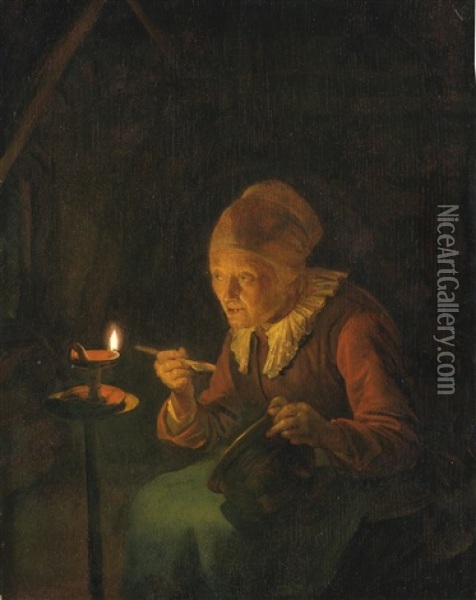 An Old Woman Eating Porridge By Candlelight Oil Painting - Gerrit Dou