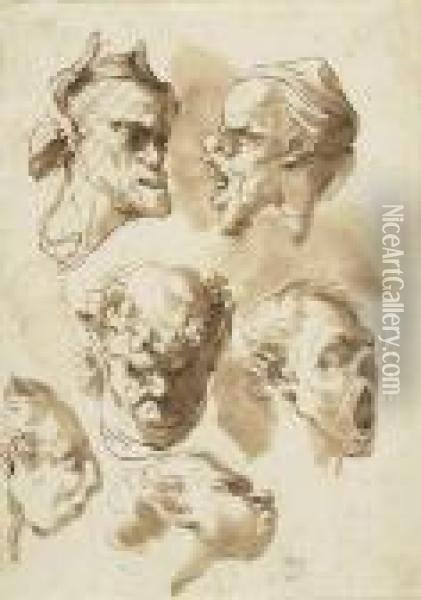 Sheet Of Studies With Six Grotesque Heads Oil Painting - Gaetano Gandolfi