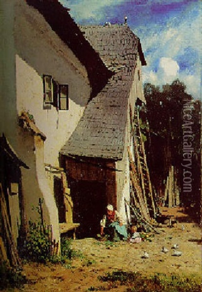 Klosterneuburger Bauernhaus Mit Bauerin Und Kind Oil Painting - August Xaver Carl von Pettenkofen