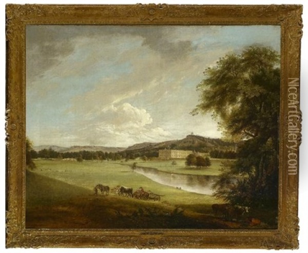 View Of Chatsworth House From The South-west, With Labourers And Livestock In The Foreground Oil Painting - Theodore de Bruyn