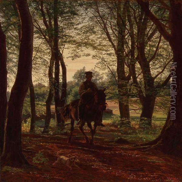 Man On Horseback In A Danish Spring Forest Oil Painting - Johan Didrik Frisch