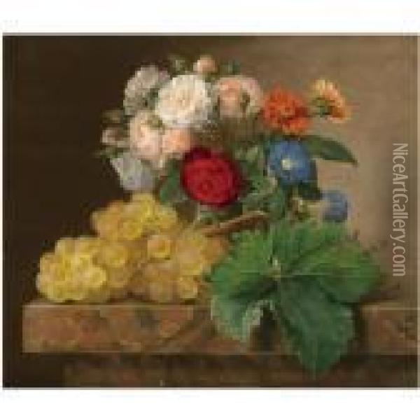 Stilleben Med Blomster Og Druer (still Life Of Flowers Andgrapes) Oil Painting - Johan Laurentz Jensen