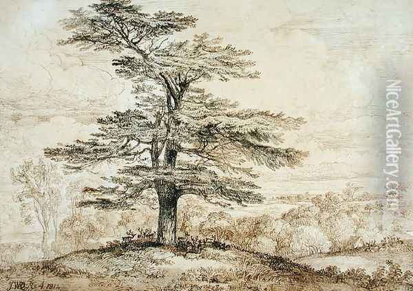 A Cedar on a Rise with a Herd of Deer Grouped Beneath its Shade, 1814 Oil Painting - James Ward