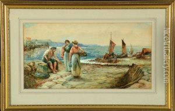 Fisherfolk On A Scottish Quayside Oil Painting - Alexander James