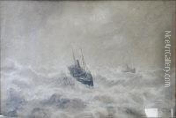 Two Fishing Boats In Rough Seas Oil Painting - Bernard Benedict Hemy