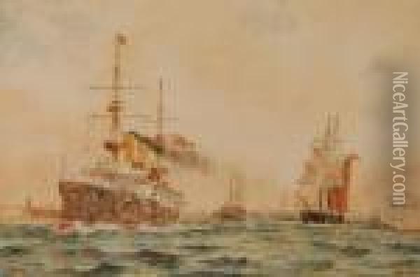 Shipping Leaving Portsmouth Oil Painting - William Lionel Wyllie