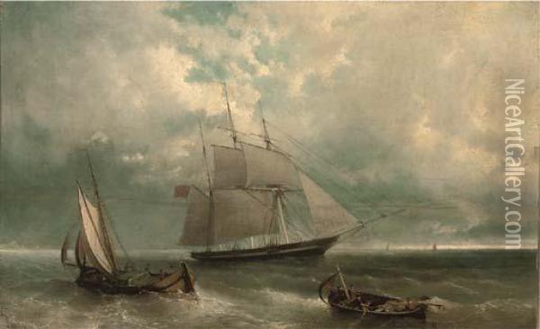 A British Merchantman Amidst Other Fishing Craft In Coastal Waters Oil Painting - John Callow