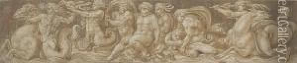 Baccus And Sea Gods: Design For A Frieze Oil Painting - Lelio Orsi