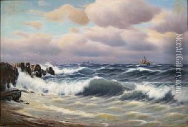 'skibe For Klippekyst Antagelig Kullen' (ships At Sea) Oil Painting - Johann Jens Neumann