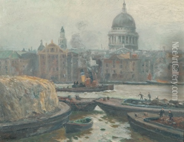 St. Pauls Cathederal & The Pool Of London Oil Painting - Charles David Jones Bryant