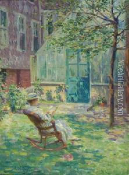 Reading By The Greenhouse Oil Painting - Arvid Frederick Nyholm