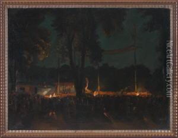Nachtliche Volksfestszene Auf Einer Waldlichtung Mit Zahlreichen Personen Oil Painting - Amandus Faure