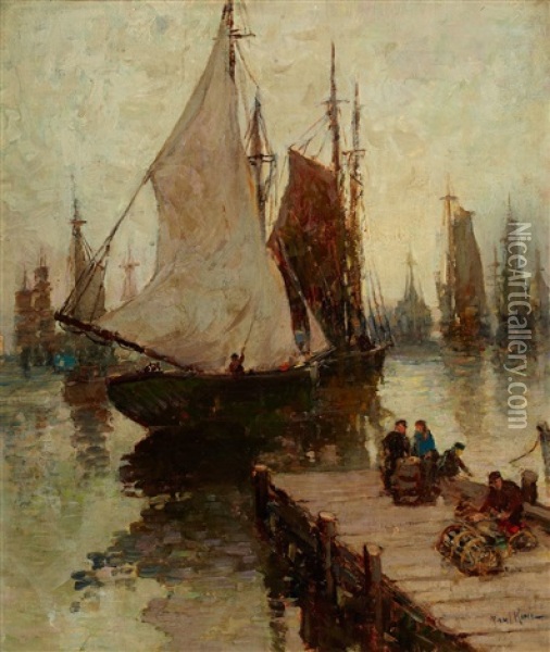 Sailing Ships In The Harbor Oil Painting - Paul Bernard King