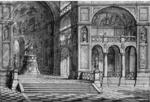 Two Stage Designs: The Interior 
Of A Palace With An Equestrianmonument; And A View Of Courtyard With A 
Fountain On Aterrace Oil Painting - Antonio Zucchi