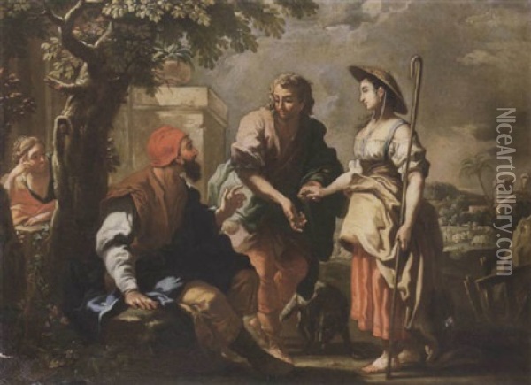 Laban, Jacob, Rachel And Lea Oil Painting - Jacopo Cestaro