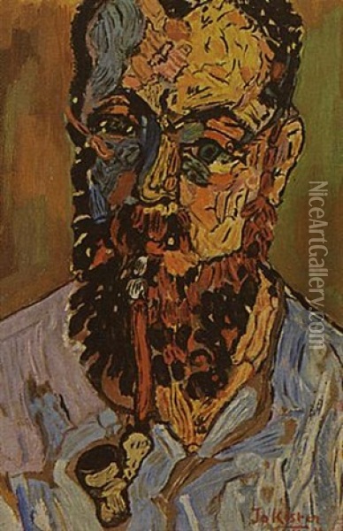 Portrait Of A Bearded Man Smoking A Pipe Oil Painting - Jo (van Hattem) Koster