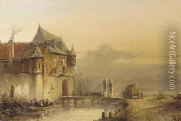 Infantrists On A Bridge Entering A Castle Oil Painting - Pieter Gerard Vertin