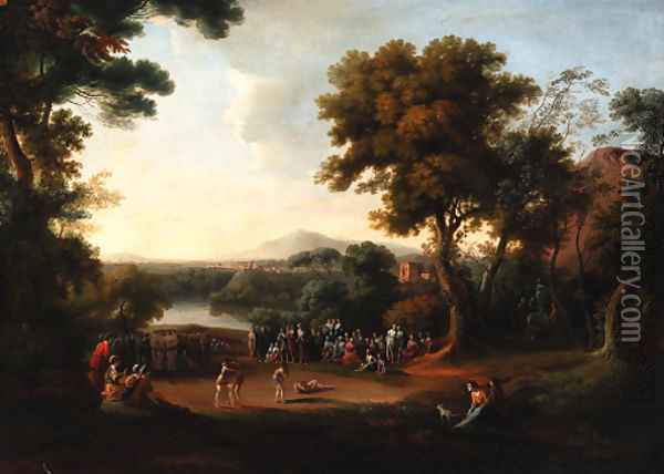 An Italianate landscape with a wrestling match and spectators in the foreground Oil Painting - English School