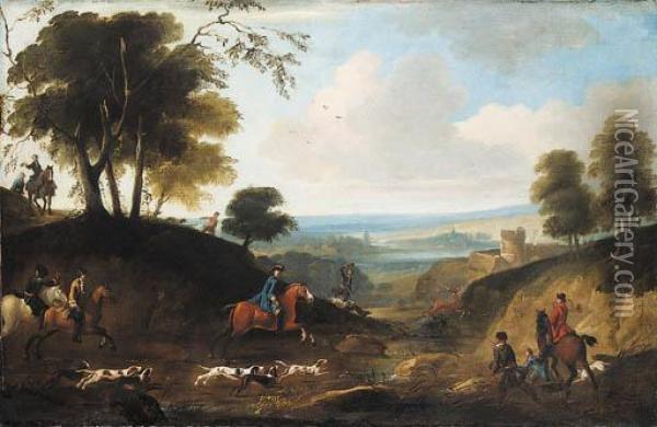 A Stag Hunt In An Extensive River Landscape Oil Painting - Jan Wyck