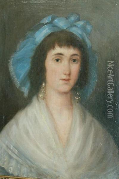 Portrait Of A Lady With A Blue Hat Oil Painting - Augustin Esteve