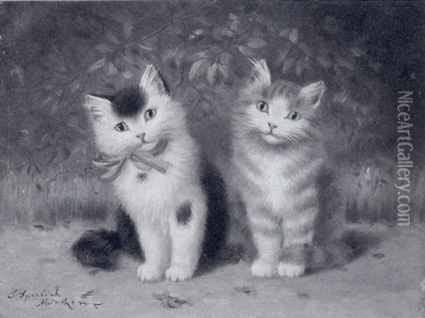 Zwei Kleine Katzen Auf Einem Parkweg Oil Painting - Josef Sperlich