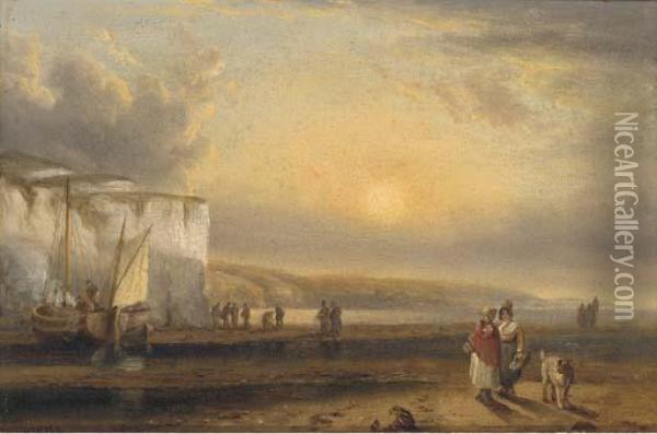 Gossiping On The Foreshore On The Devonshire Coast Oil Painting - Thomas Luny