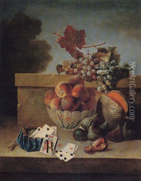 Still Life Of Peaches In A Porcelain Bowl, With Grapes, Figs, A Melon And A Purse With Coins And Playing Cards, All On A Stone Ledge Oil Painting - Jean-Baptiste Oudry