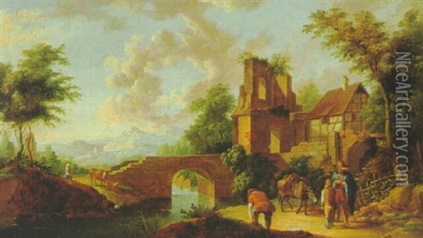 Gebirgige Fluslandschaft Mit Steinerner Brucke, Turmruine Und Figuren Oil Painting - Johann Conrad Seekatz
