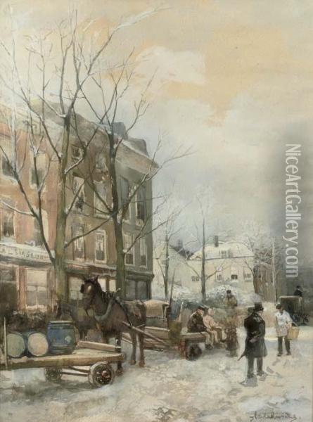 Winter Te Rotterdam: A Busy Snow Covered Street Oil Painting - Adriaan Philippus La Riviere