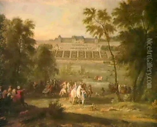 Vue Du Chateau De Saint Germain En                          Laye Avec Le Depart Pour La Chasse Oil Painting - Pierre Denis Martin