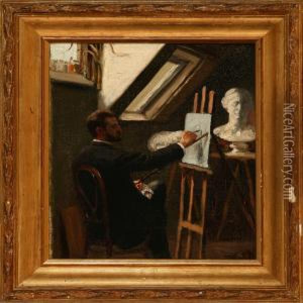 An Artist Inhis Studio, Presumably A Self-portrait Oil Painting - Eiler Rasmussen-Eilersen