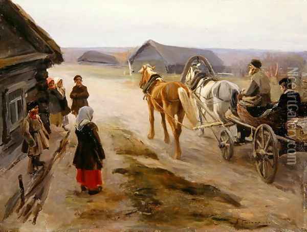 Arrival of a School-Mistress in the Country, c.1908-14 Oil Painting - Aleksi Stepanovich Stepanov