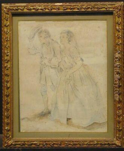 The Cordial Couple
Initialed Oil Painting - Richard Parkes Bonington