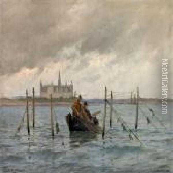Costal Scenery At Kronborg Castle With Fishermen In A Boat Oil Painting - Carl Locher