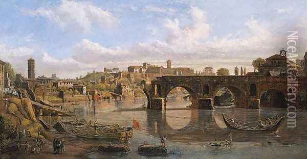Rome, View of the River Tiber with the Ponte Rotto and the Aventine Hill Oil Painting - Caspar Andriaans Van Wittel