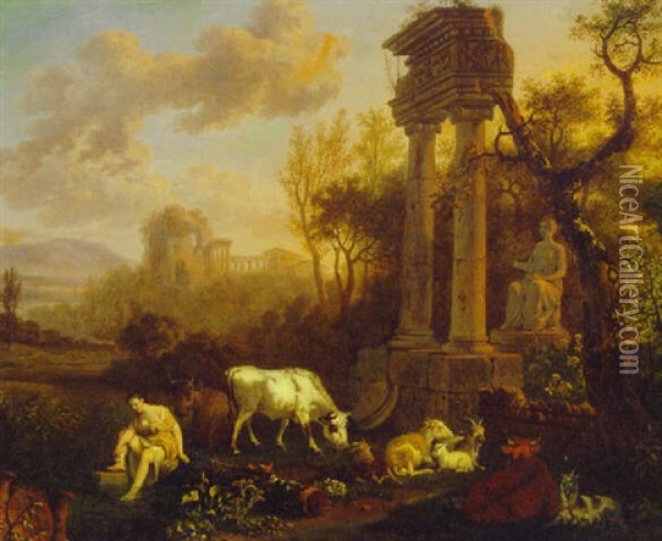 An Italianate Landscape With A Shepherdess Washing At A Pool By A Classical Ruin Oil Painting - Jean-Louis Demarne