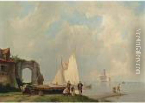 On The Dutch Shore Oil Painting - Pieter Cornelis Dommershuijzen