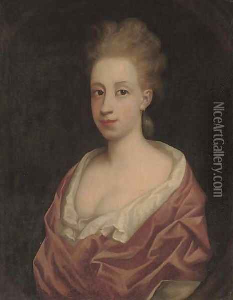 Portrait of a lady, bust-length, in a white dress and pink wrap, in a feigned oval Oil Painting - Richardson. Jonathan