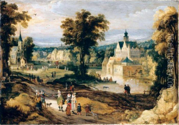 A Landscape With A Castle On A River And Figures Going About Their Daily Activities Oil Painting - Joos De Momper