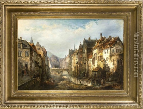 Ansicht Des Belgischen Stadtchens Huy An Der Maas Mit Staffagefiguren Oil Painting - (Paul) Joseph Minjon
