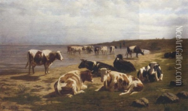Cattle At The Water's Edge Oil Painting - Dirk Peter Van Lokhorst