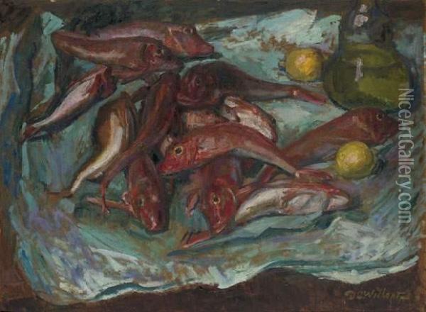 Fish With Lemons Oil Painting - David O. Widhopff