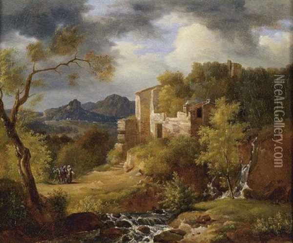 Italianate Landscape With Figures On A Path Near Ruins Oil Painting - Achille Etna Michallon