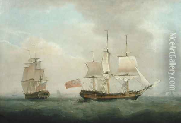 A Merchantman in Two Positions off the South Coast Oil Painting - Thomas Whitcombe