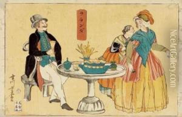 Yokohama-e Representant Une Famille Hollandaise Autour D'une Table. Oil Painting - Utagawa Yoshimune