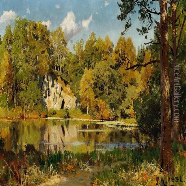 Woodland Scene With Lakeand Cliffs Oil Painting - Peder Mork Monsted