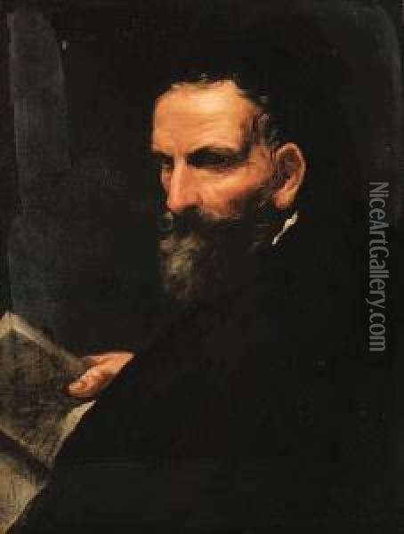 Portrait Of A Gentleman, Half-length, In A Dark Red Coat, Holdingan Open Book Oil Painting - Gian Antonio Burrini
