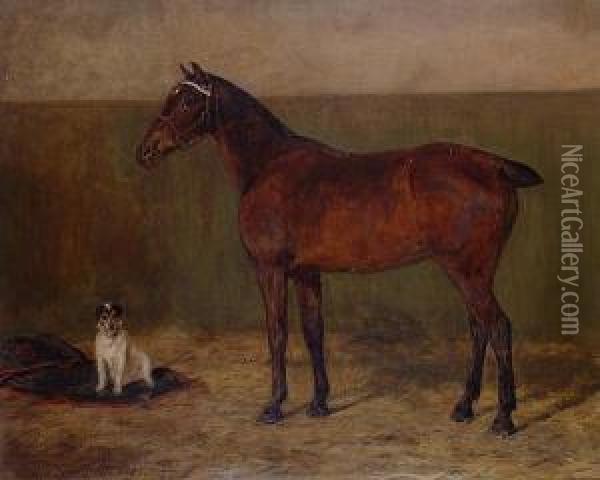 Carriage Horse And A Terrier In A Stable. Oil Painting - David George Steell