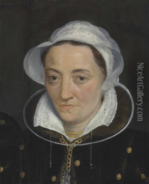 Portrait Of A Lady, Bust-length, In A Black Fur-lined Coat With Gold Fittings, A Gold Necklace And A White Cap Oil Painting - Frans Pourbus the Elder