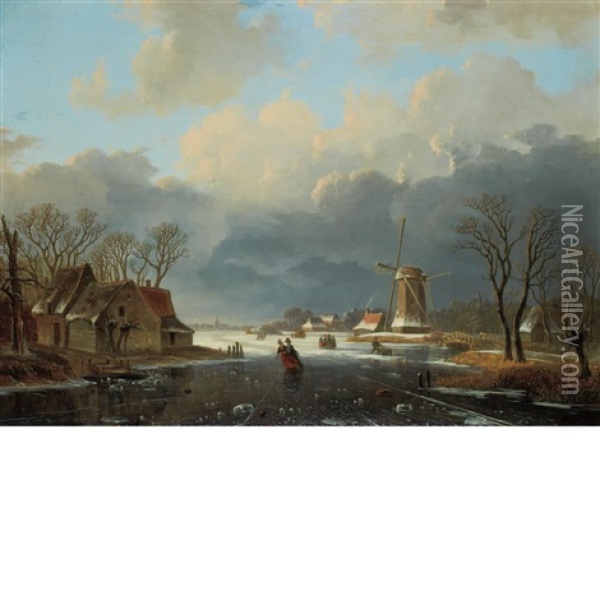 Winter Landscape With Skaters On A Frozen River Oil Painting - Willem De Klerk